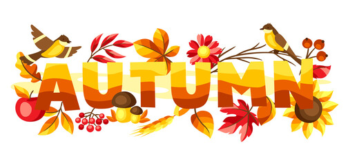 Autumn background with seasonal leaves and items.