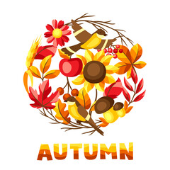 Fototapeta na wymiar Autumn background with seasonal leaves and items.