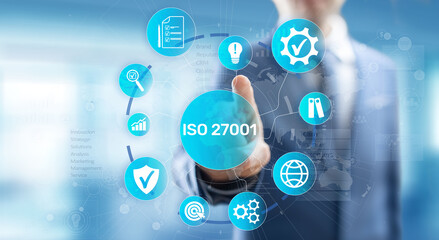 Iso 27001 Standard Standardisation Certification Customer guarantee and satisfaction Business concept on virtual screen.