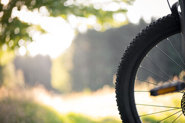 Close-up of a front wheel and a pedal of a mountain bike in front of a natural background with textspace