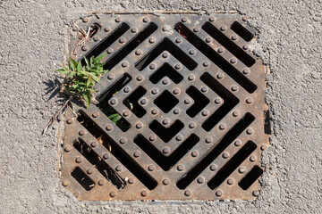 cast iron street drainage on the sidewalk close up