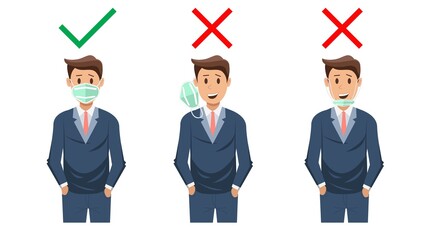 How to wear a mask correct. Business Man presenting the correct method of wearing a mask, to reduce the spread of germs, viruses and bacteria.Stop the infection instructions vector illustration