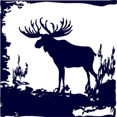 Winter landscape - moose - original brush stroke - vector. New Year. Christmas. Banner.