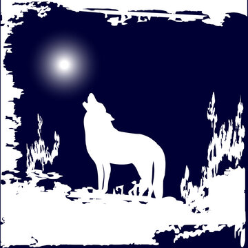 Winter landscape - wolf howling at the moon - original brush stroke - vector. New Year. Christmas. Banner.