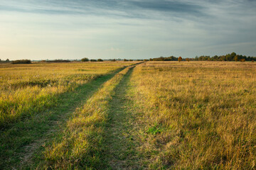 Obraz premium A dirt road through fallows and evening clouds in the sky