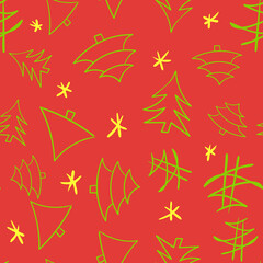 Seamless holiday pattern with cute cartoon green pines, doodle vector drawing