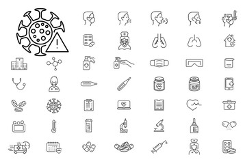 Rotavirus infection, flu and coronavirus icons set. Collection of simple linear icons for web design. Virus prevention, treatment, disinfection, symptoms, hygiene. Thin line. Vector illustration