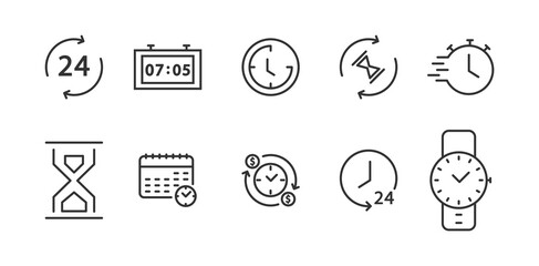 Clock and time thin line icons set. Alarm clock, timer, speed, time management, calendar. Vector simple outline.