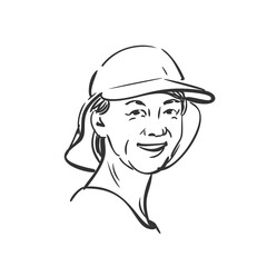 Drawing of woman portrait wearing cap for outdoor activity and smiling, Vector sketch Hand drawn illustration isolated
