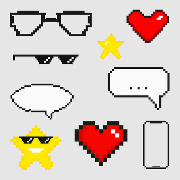 Set of color pixel vector art. A group of graphic pixel symbols: Glasses, a heart, a phone, a star in glasses, a cloud for text.