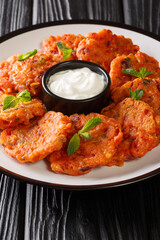 Domatokeftedes tomato fritters are a famous and delicious delicious Santorini dish made with ripe tomatoes, onions and feta cheese close-up in a plate. Vertical