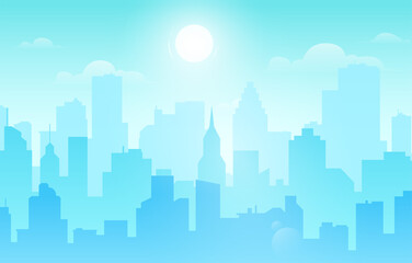 Fototapeta na wymiar Daytime cityscape. Urban architecture, skyscrapers buildings and town landscape with sun on cloudy sky or business center building. Daytime skyline cityscape vector background illustration