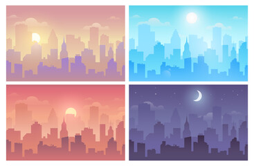 Daytime cityscape morning, day and night city skyline landscape, town buildings in different time and urban cityscape town sky. Architecture silhouette vector background collage set