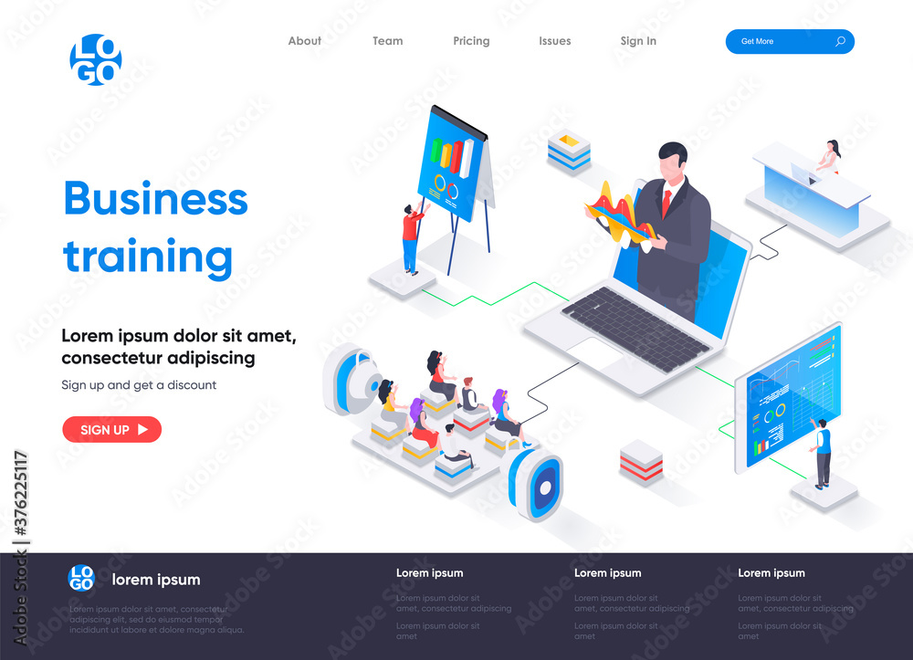 Poster business training isometric landing page. business workshop, online webinar with coach isometry conc