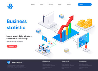 Business statistic isometric landing page. Statistical research isometry concept. Business consulting, financial accounting and analytics flat web page. Vector illustration with people characters.