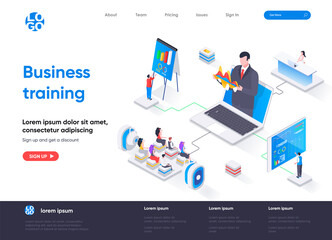 Business training isometric landing page. Business workshop, online webinar with coach isometry concept. Professional skills development flat web page. Vector illustration with people characters.
