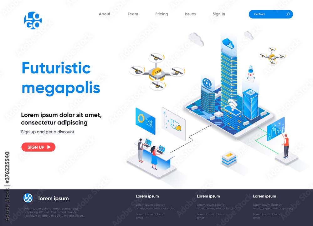 Sticker futuristic megapolis isometric landing page design. modern architecture and digital technologies iso