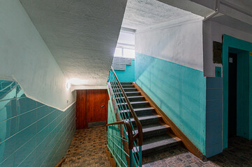 Russia, Moscow- February 15, 2020: interior public place, house entrance. doors, walls, staircase corridors