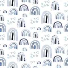 Sierkussen Aquarel kinderen regendruppel naadloze patroon. Scandinavische handgeschilderde boho regenbogen achtergrond. Kwekerij kunst stof illustratie in trendy Scandinavische stijl. Hedendaagse kunst, regenboog voor babyjongens en meisjes © kris_art