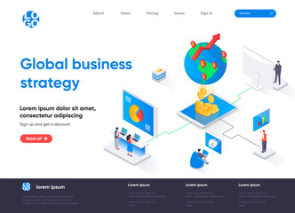 Fototapeta na wymiar Global business strategy isometric landing page. International corporation management isometry concept. Data analysis and strategy planning flat web page. Vector illustration with people characters.
