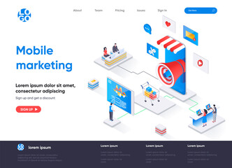 Mobile marketing agency isometric landing page. Targeting marketing campaign isometry concept. Mobile platform for advertising and promotion flat web page. Vector illustration with people characters.