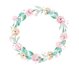 Watercolor boho floral wreath. Bohemian natural frame: leaves, feathers, flowers, Isolated on white background. decoration illustration. Save the date, weddign design, valentine's day