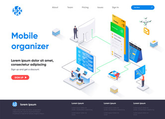 Mobile organizer isometric landing page. Mobile application for business planning isometry concept. Organizing work activities and tasks flat web page. Vector illustration with people characters.