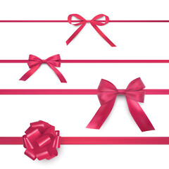 Bows on horizontal thin, wide ribbons realistic set. Festive red satin, silk decorations collection.