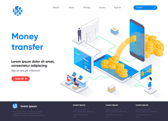 Money transfer isometric landing page. Internet banking mobile application isometry concept. Online money transaction and payment service flat web page. Vector illustration with people characters.