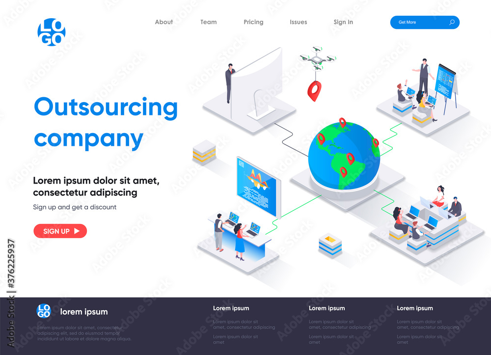 Poster outsourcing company isometric landing page. remote workforce and freelancers recruiting isometry con