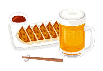 ビールと焼き餃子のイラスト