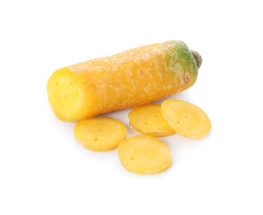 Pieces of raw yellow carrot isolated on white