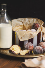 Vertical shot of quark balls with milk