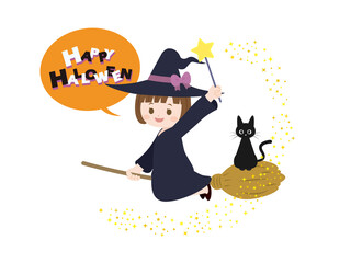 ハロウィン 箒に乗る可愛い魔女の子と黒猫のイラスト