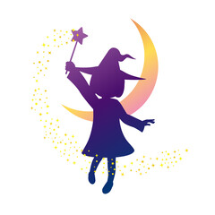 魔法を使う魔女の子のシルエットイラスト