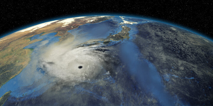 Typhoon Haishen shown from Space. Extremely detailed and realistic high resolution 3d rendering with elements furnished by NASA.