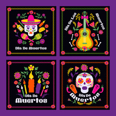 Dias de los Muertos typography banners vector. Mexico design for fiesta cards or party invitation, poster. Flowers traditional mexican frame with floral letters on black background.
