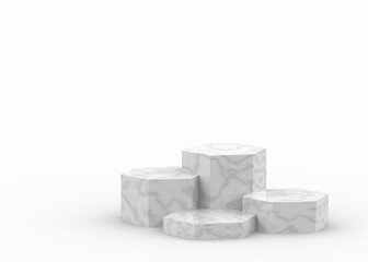 3d white gray hexagon marble and podium minimal studio background. Abstract 3d geometric shape luxury object illustration render. Display for cosmetics and beauty fashion product.
