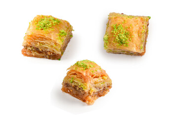 Pistachio baklava on a white background. Dessert.