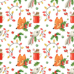 Christmas seamless watercolor pattern with illustration of cute animals fox and white hare and red mug with chocolate and caramel