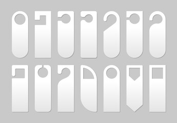 Creative vector illustration of realistic plastic paper door handle lock hangers set. Empty blank mockup.