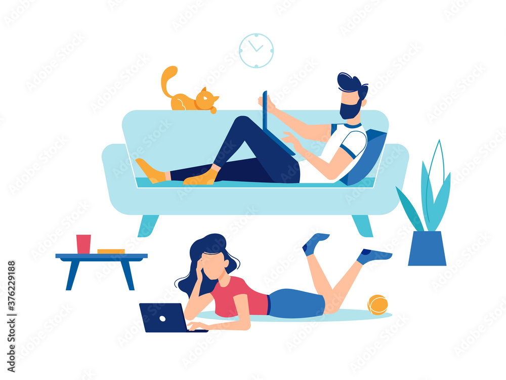 Poster man and woman with laptop computers at home, fun and entertainment, vector flat design. man on sofa 