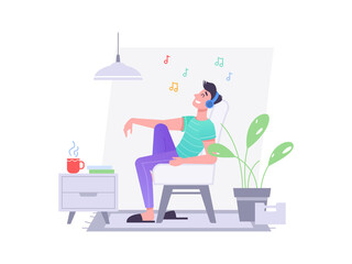 Guy in headphones listen music in chair at home, vector flat isolated character. Young man or teenager boy in wireless earphones listening to music, happy and relax sitting on chair or sofa in room