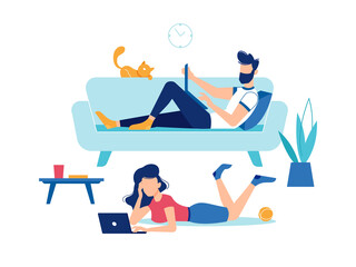 Obraz premium Man and woman with laptop computers at home, fun and entertainment, vector flat design. Man on sofa couch typing and looking at display, woman or girl lying on floor with laptops watching movie