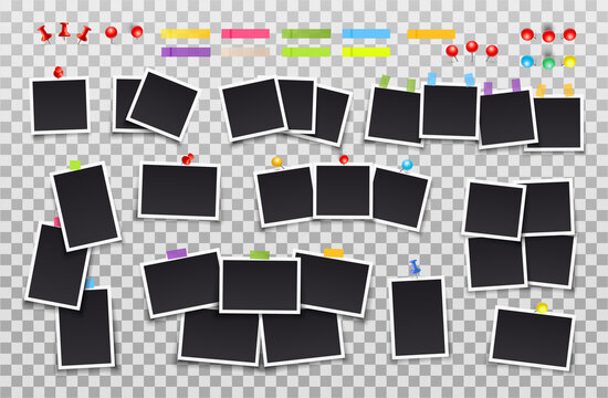 Set of photo frames on sticky tape, pins and rivets. Template photo design. Vector illustration.