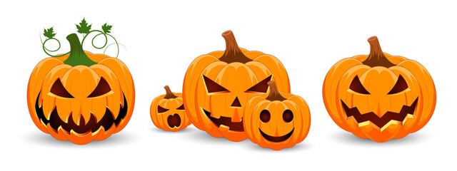 Set pumpkin on white background. The main symbol of the Happy Halloween holiday. Orange pumpkin with smile for your design for the holiday Halloween.
