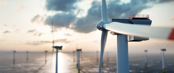Offshore wind power and energy farm with many wind turbines on the ocean - Powered by Adobe