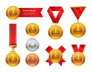 Champion Gold Medals Set Vector. Metal Realistic 1st Placement Winner Achievement. Number One. Round Medal With Red Ribbon.