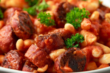 Bean and chorizo stew served in white bowl with parsley