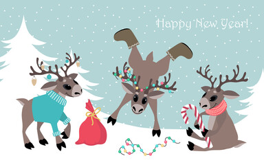 Obraz premium Cute, happy deer have fun in the winter forest. Background for covers, banners, flyers, splash screens, postcards. Merry Christmas.
